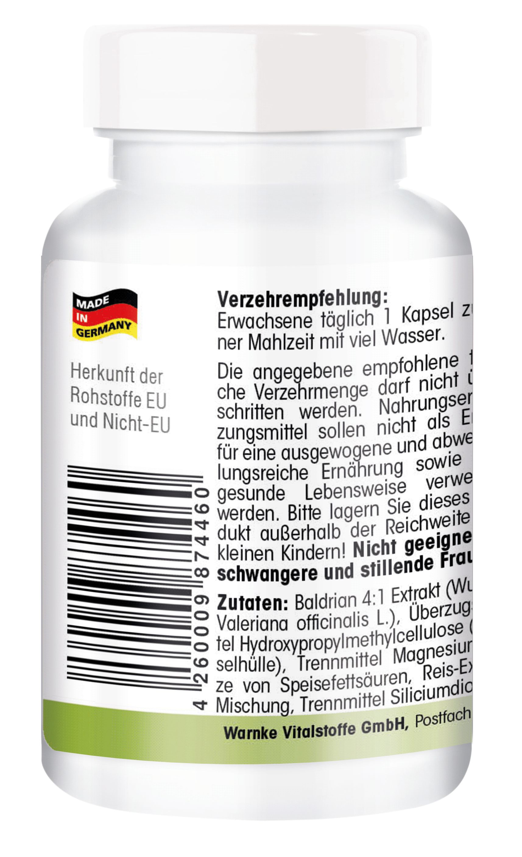 Rückseite einer weißen Flasche mit Kapseln. Text: Zutaten, Verzehrempfehlung. Siegel: Made in Germany.