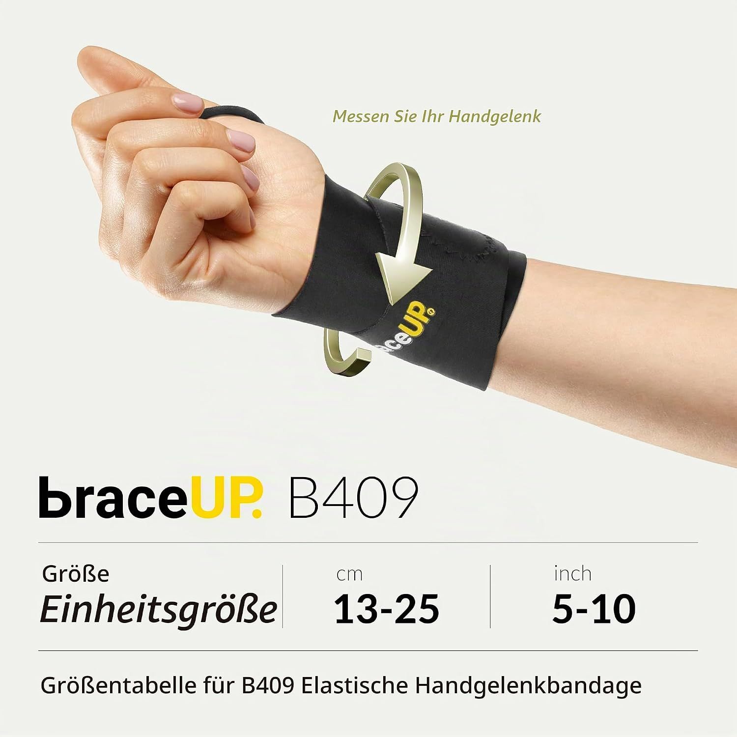 Schwarze Handgelenkbandage mit gelbem Logo 'braceUP'. Größenangabe: 13-25 cm.