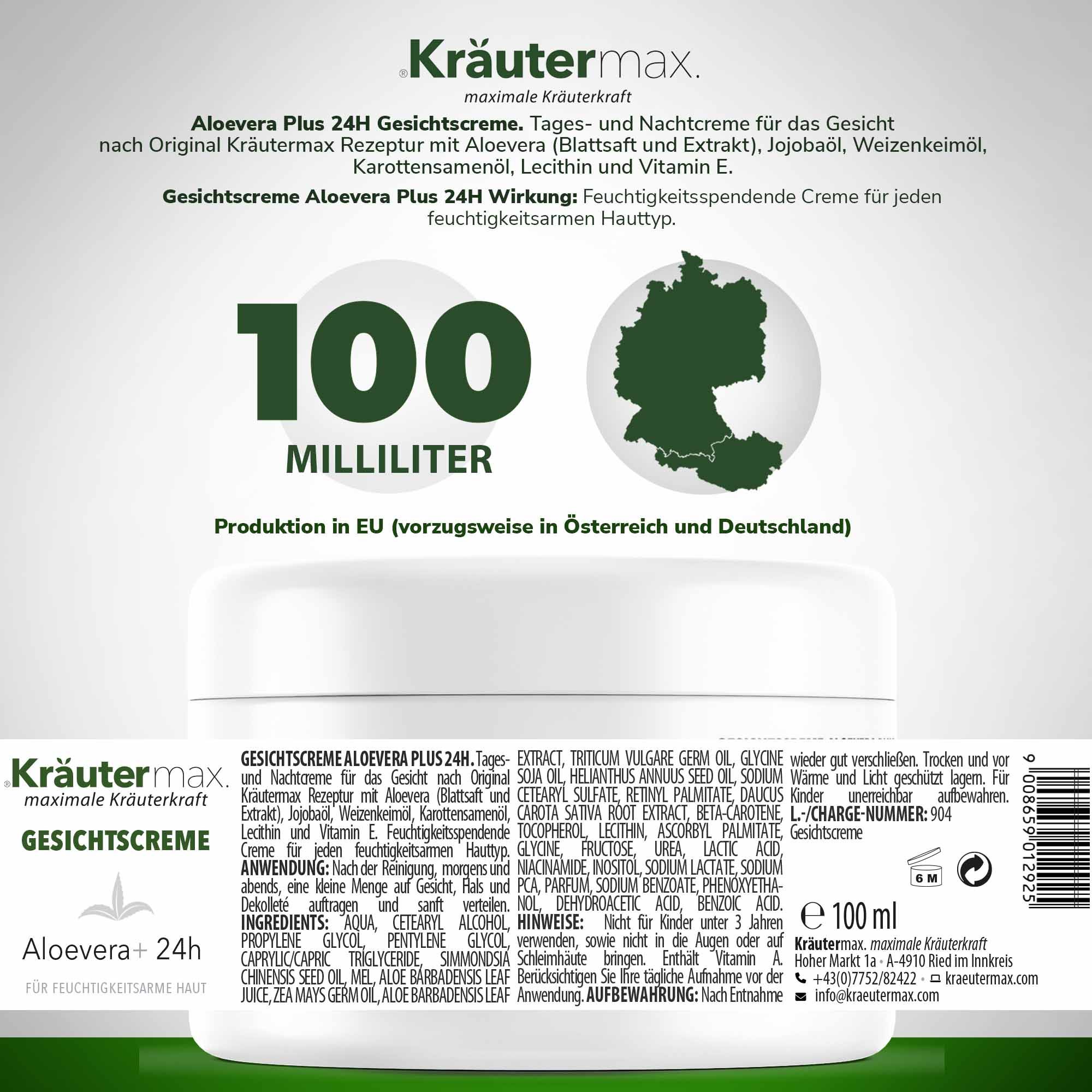 Creme-Dose mit Text. Kräutermax Gesichtscreme, 100 ml. Text: Aloe vera, 24h. Inhaltsstoffe, Anwendung, Warnhinweise.