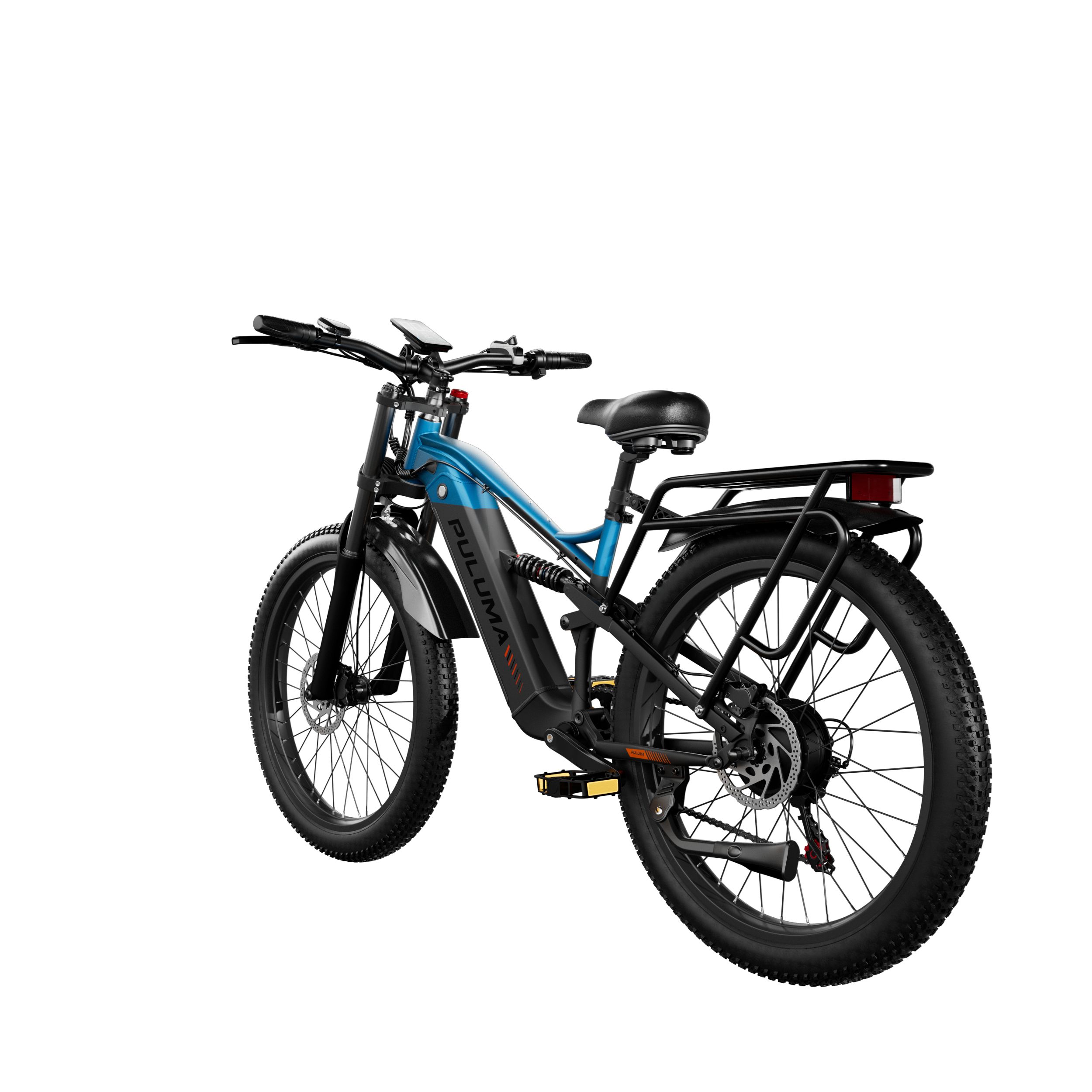 Rückansicht eines blau-schwarzen E-Mountainbikes mit Gepäckträger und breiten Reifen.
