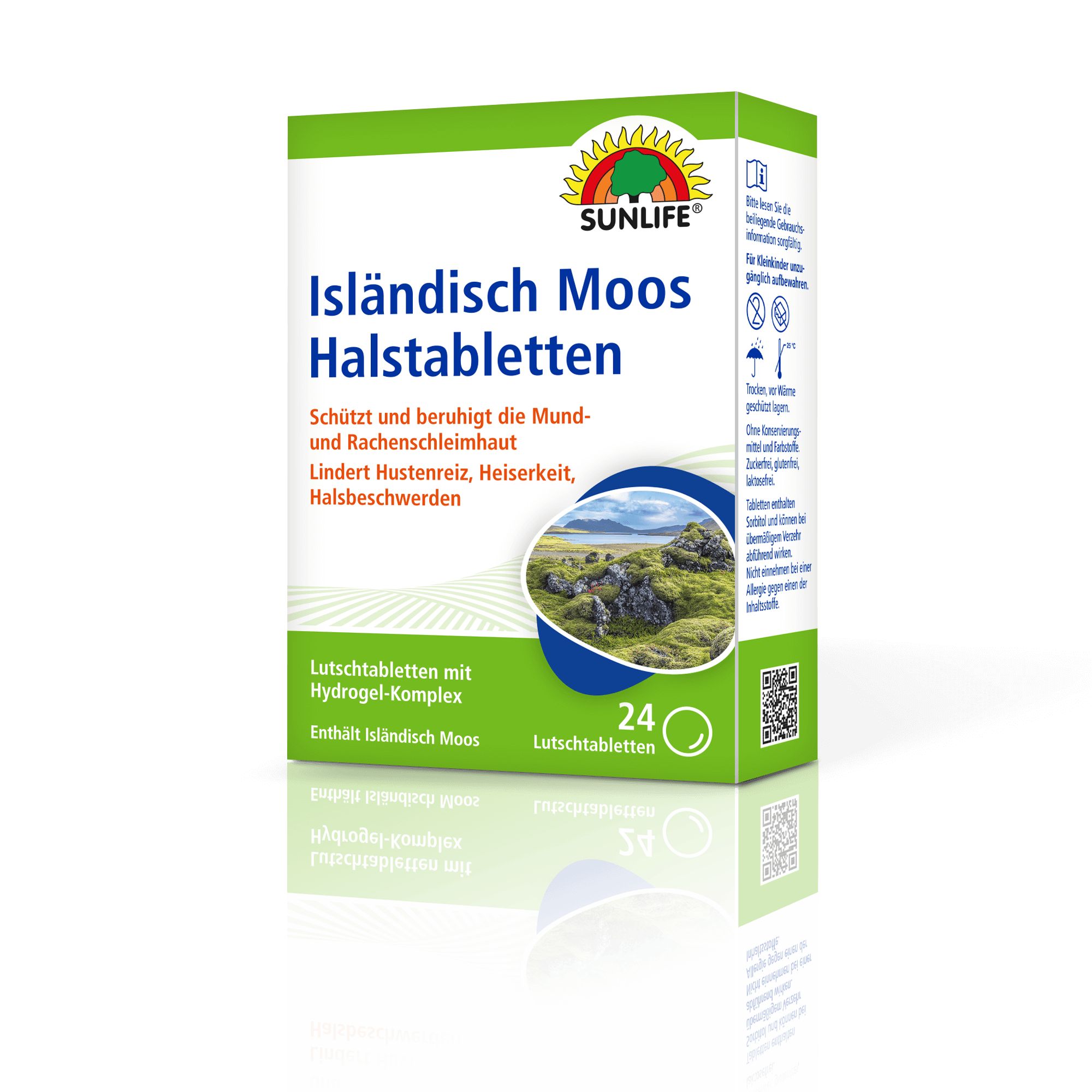 Sunlife Halstabletten Isländisch Moos Verpackung. Grün-weiße Schachtel mit Produktnamen und Logo. 24 Lutschtabletten. Spiegelung.
