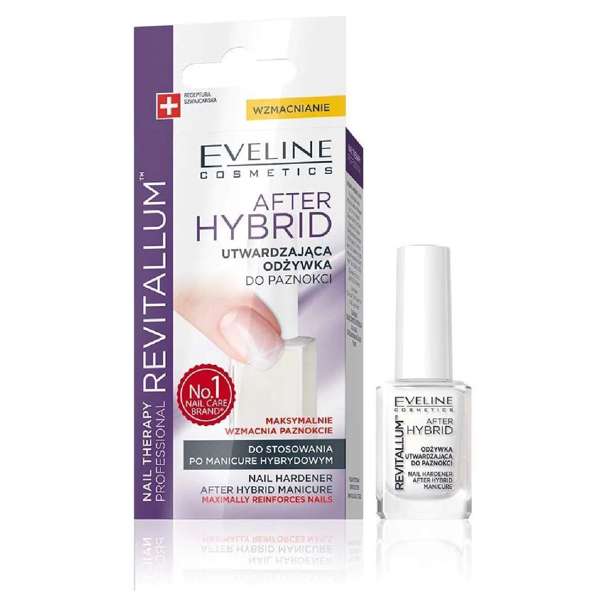 Nagelpflege-Produkt mit Verpackung. Flasche und Karton mit Produktnamen und Logo. Text: After Hybrid, Nail Therapy Revitallum.