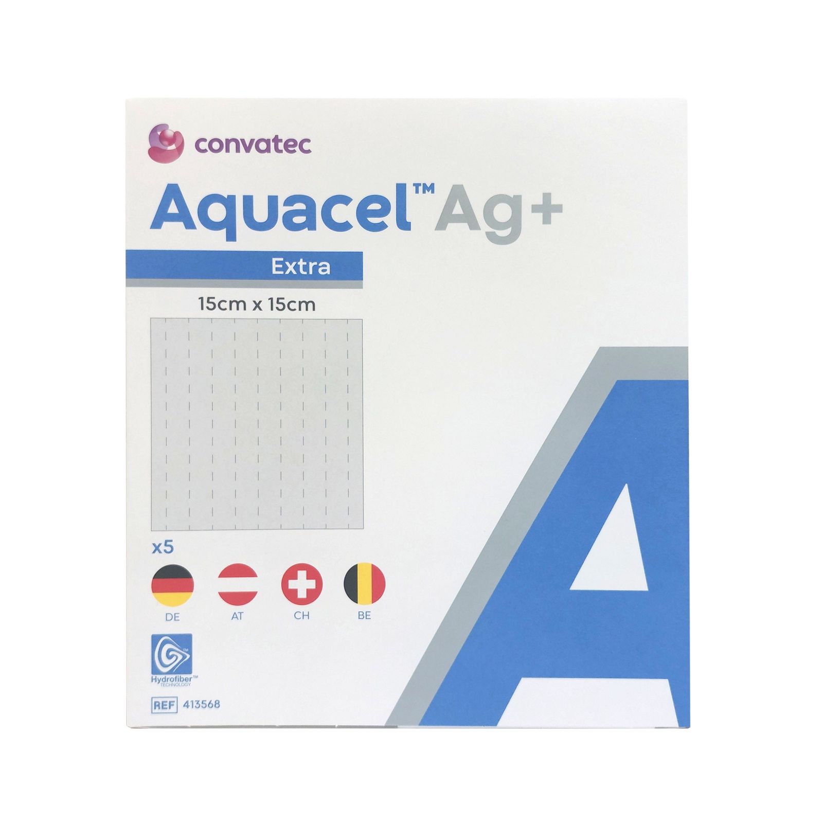 Verpackung von Aquacel Ag+ Extra Wundauflage. Quadratisch, weiß mit blauen Akzenten. Enthält 5 Stück. Größe: 15cm x 15cm.