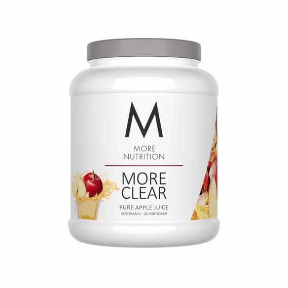 Weißer Behälter mit grauem Deckel. Aufschrift "More Nutrition More Clear". Abbildung von Apfel und Fruchtstücken. Text: Pure Apple Juice.