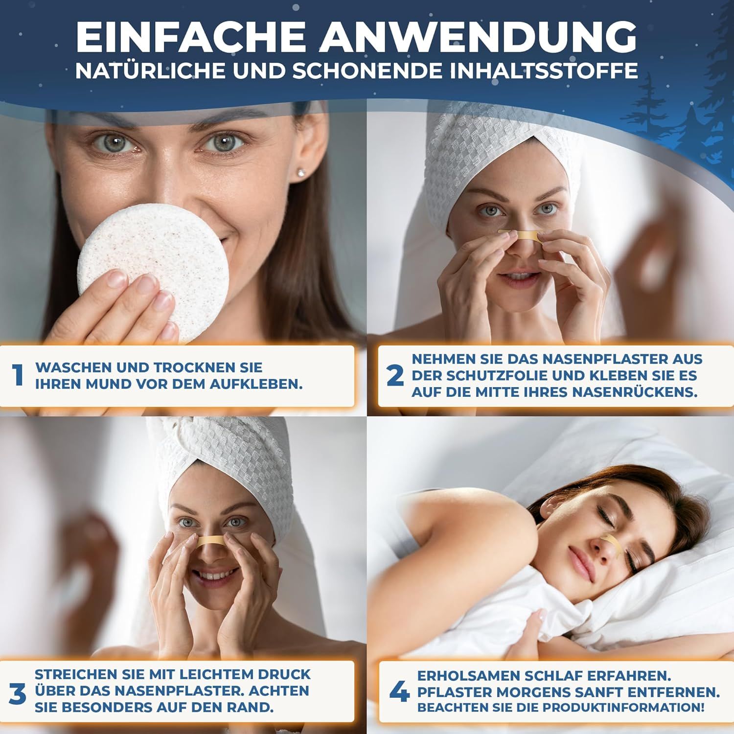 Vier Bilder zeigen Anwendung des Nasenpflasters. Frau wäscht Gesicht, klebt Pflaster, drückt es an und schläft.