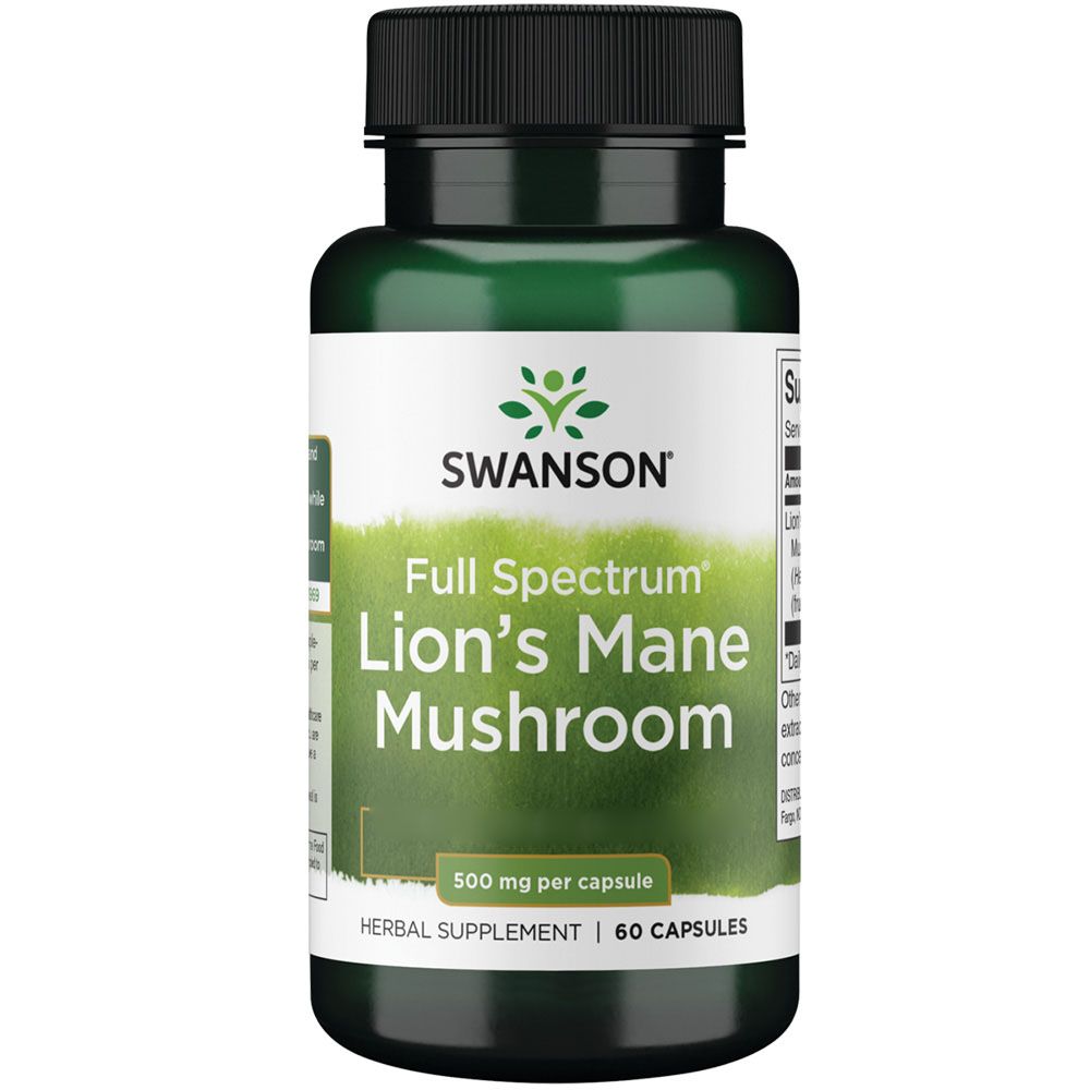 Grüne Flasche mit Swanson Full Spectrum Lion's Mane Mushroom Kapseln. Enthält 60 Kapseln, 500 mg pro Kapsel.