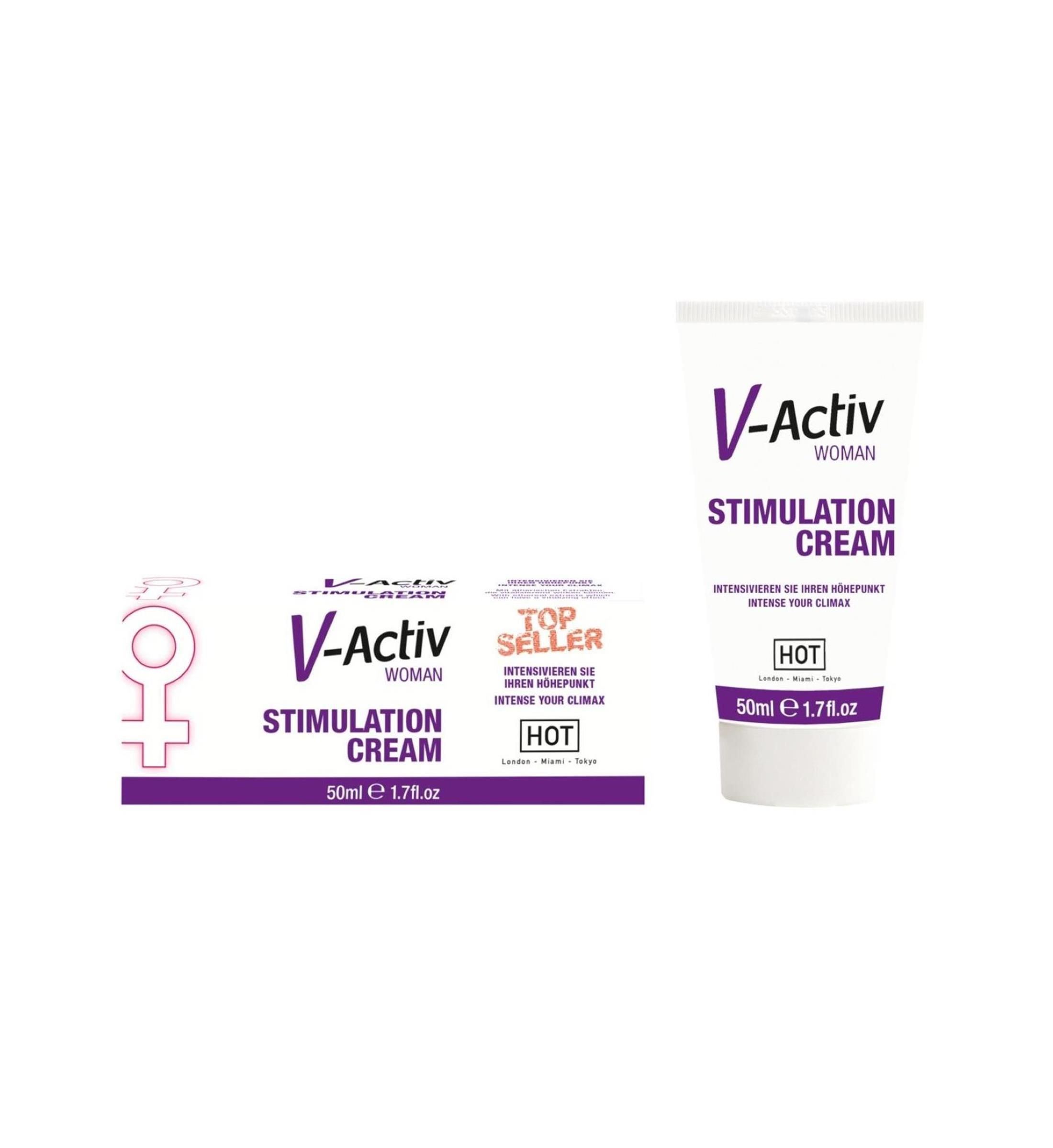 Stimulationscreme in Tube und Faltschachtel. Aufschrift: V-Activ Woman, Stimulation Cream, Hot. Verpackung mit Frauen-Symbol.