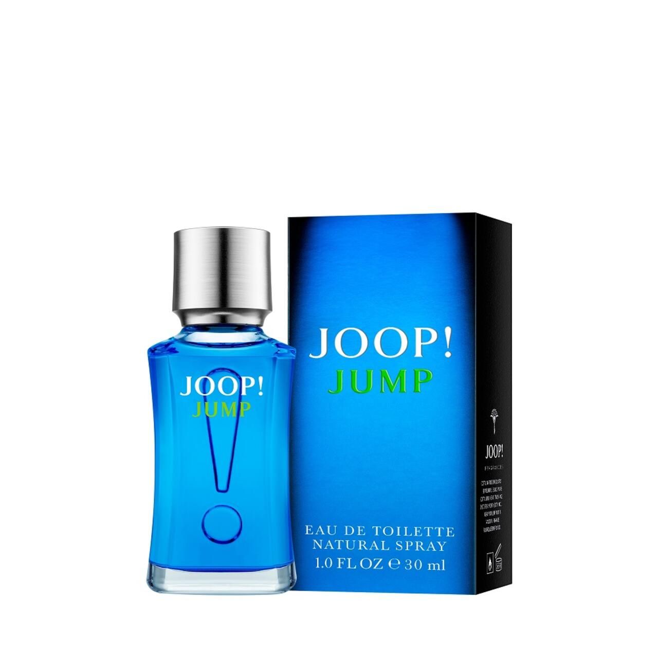Blaues Parfümflakon und Verpackung. Aufschrift JOOP! JUMP. Text: Eau de Toilette Natural Spray.