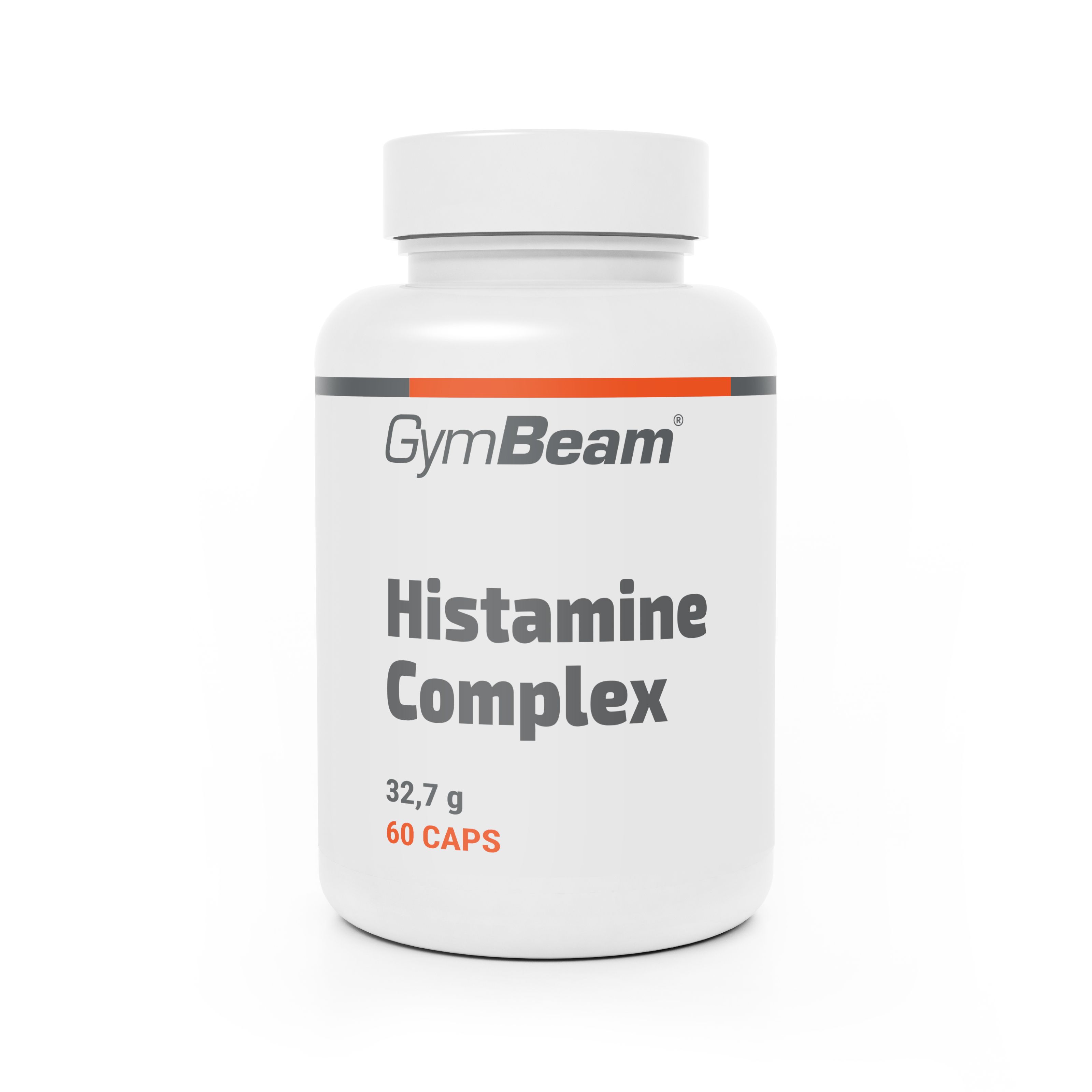 Weiße Flasche mit GymBeam Histamine Complex, 32,7 g, 60 Kapseln.