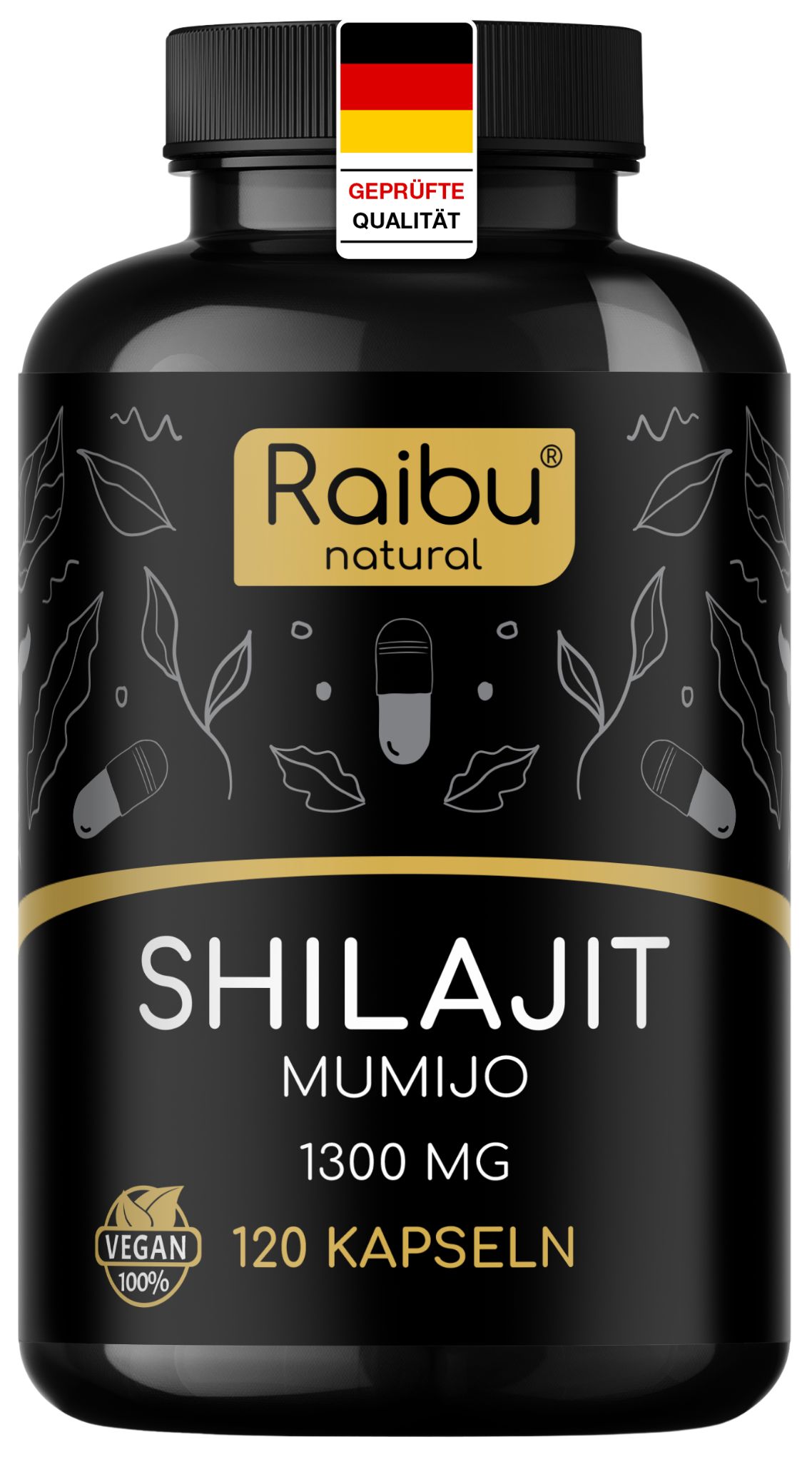 Schwarze Flasche mit Kapseln. Aufschrift: Shilajit Mumijo 1300 mg, 120 Kapseln. Vegan.