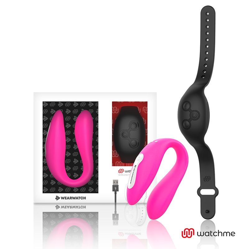 Pinker Wearwatch Vibrator mit Ladekabel und schwarzem Armband-Controller.