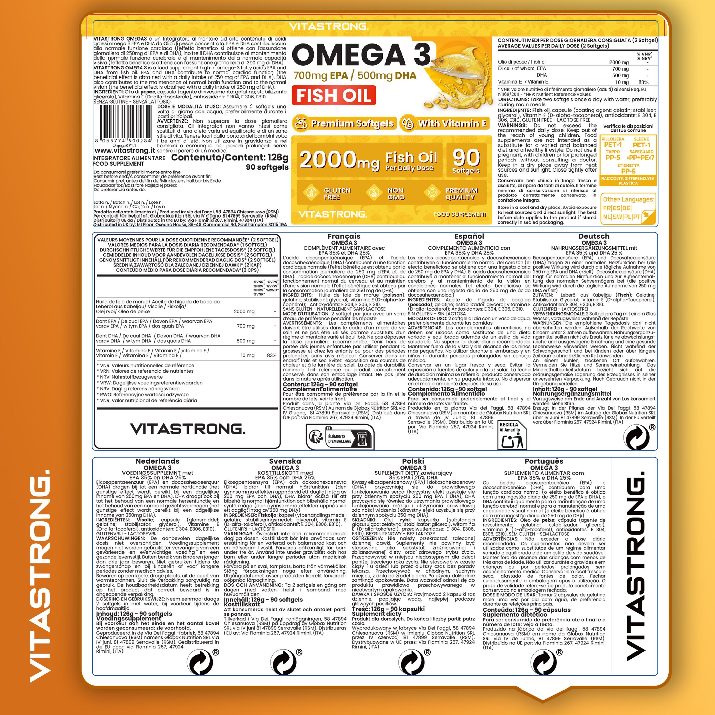 Rückseite der Omega 3 Flasche. Mehrsprachige Informationen. Text: 126g, 90 Softgels. Inhaltsstoffe, Nährwertangaben.