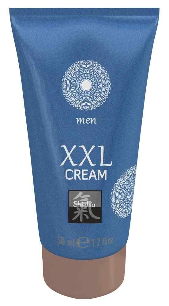 Blaue Tube mit "XXL CREAM"-Aufdruck, "Shiatsu"-Logo und "men". Brauner Verschluss. 50 ml.
