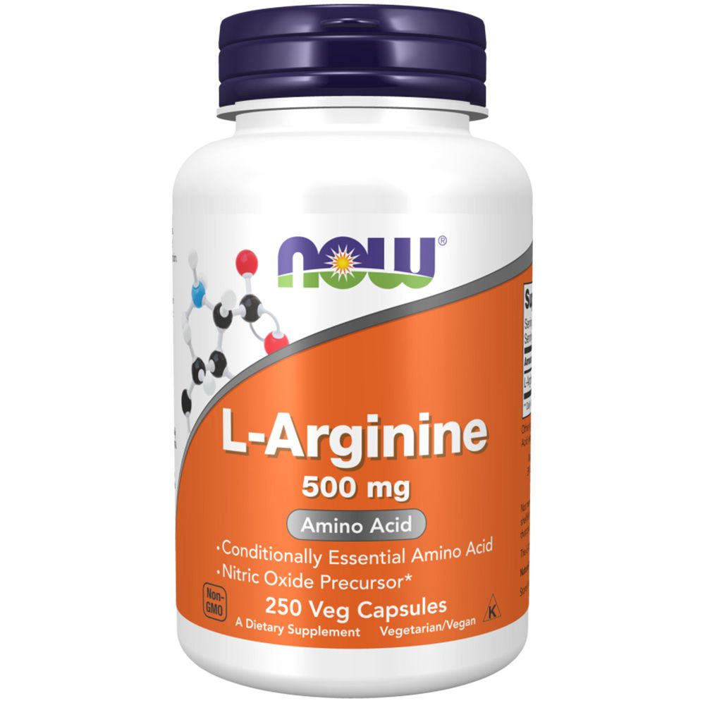 Weiße Flasche mit blauem Deckel. Aufkleber mit Produktinformationen: L-Arginin, 500 mg, 250 Veg-Kapseln. Vegetarisch/Vegan.