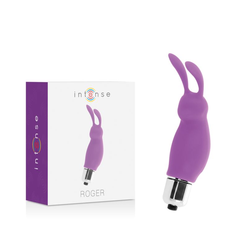 Lila Vibrator neben weißer Verpackung. Verpackung mit Produktabbildung und Schriftzug 'Intense ROGER'.