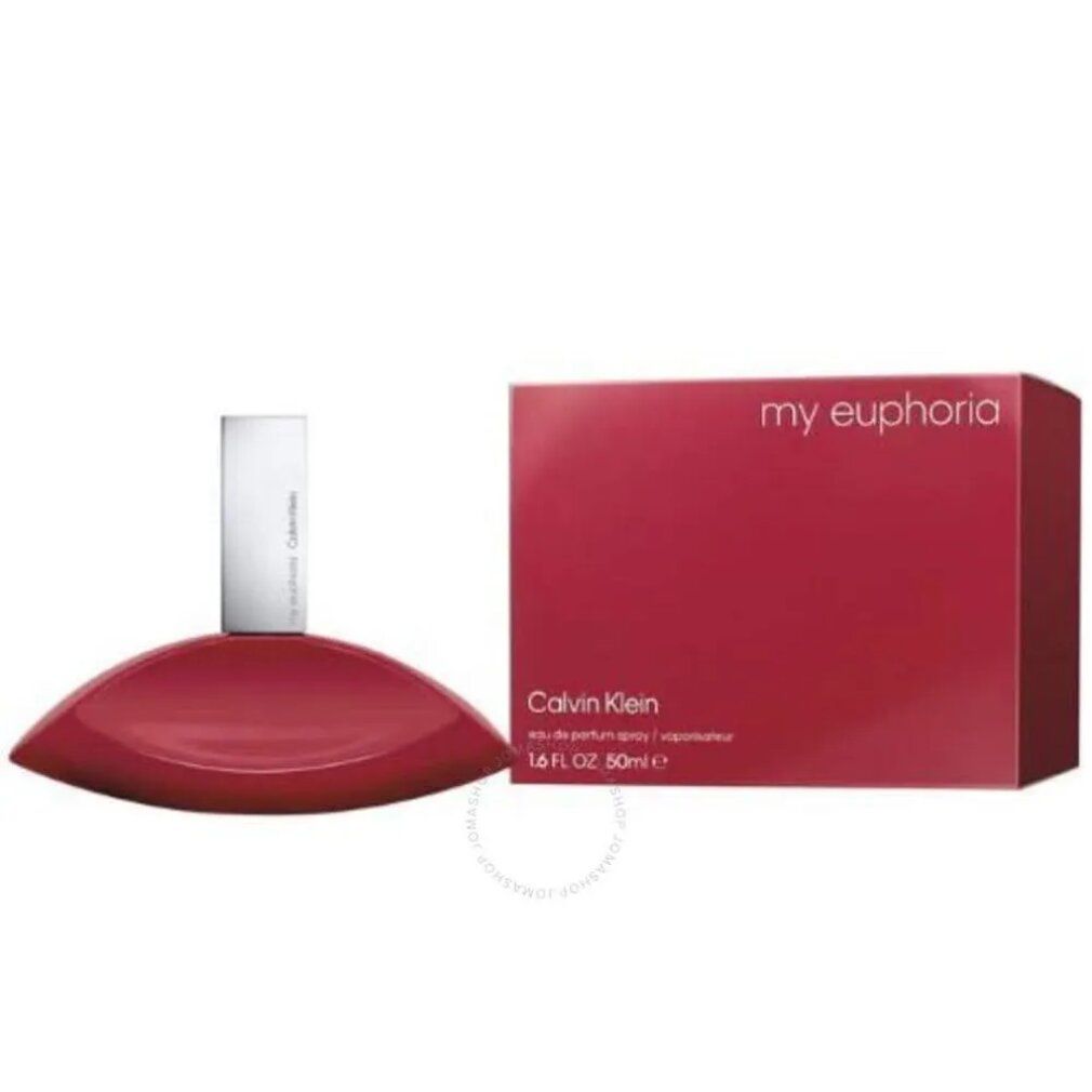 Roter Flakon und rote Schachtel. Aufschrift: my euphoria Calvin Klein. 1.6 FL OZ 50ml.