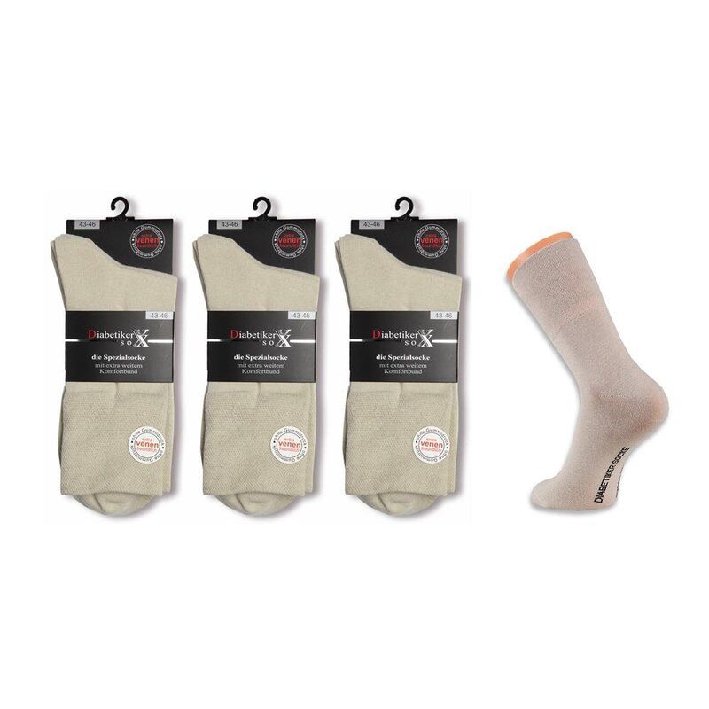 3Paar Herren Diabetiker Socken o. Gummi k. Naht "sehr venenfreundlich" Baumwolle  beige Gr. 43-46