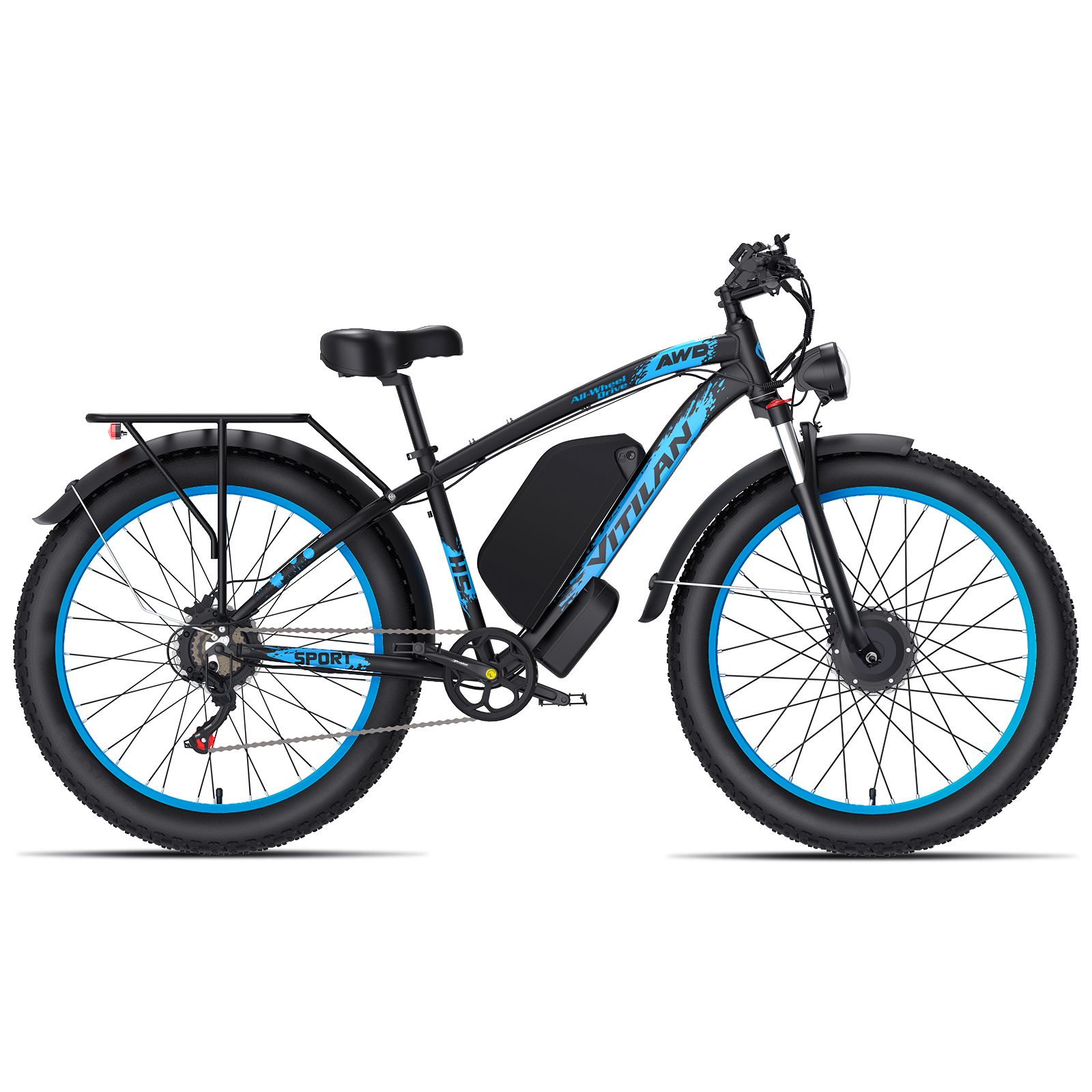Schwarzes E-Bike mit blauen Felgen. Marke Vitilan. Gepäckträger und Scheinwerfer sind sichtbar.