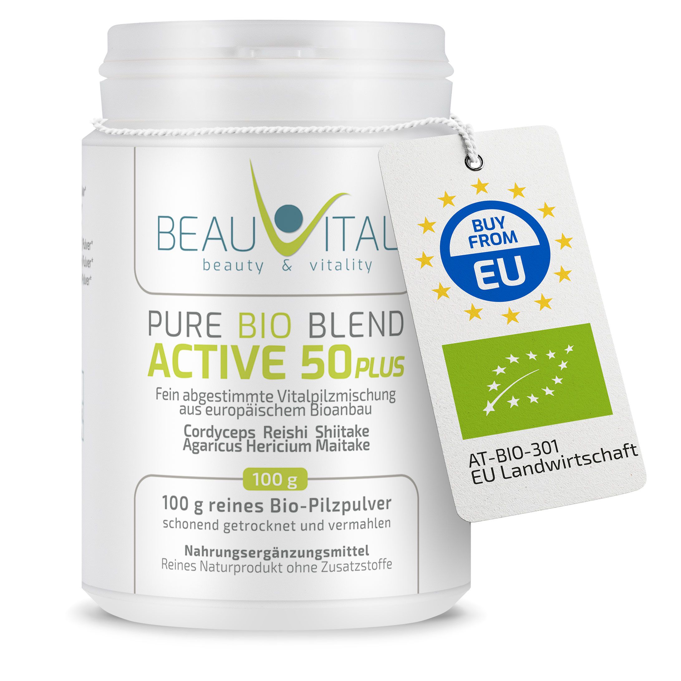 BEAUVITAL Pure Bio Blend Active 50plus Vitalpilzpulver, 100g Dose mit EU Bio-Siegel.