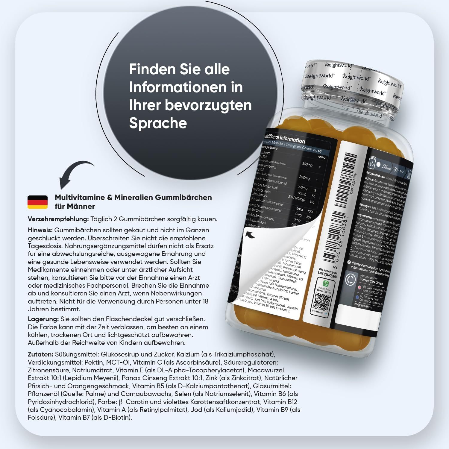 Rückseite der WeightWorld Multivitamin Gummies Flasche. Informationen in verschiedenen Sprachen, Inhaltsstoffe und Anwendungshinweise.