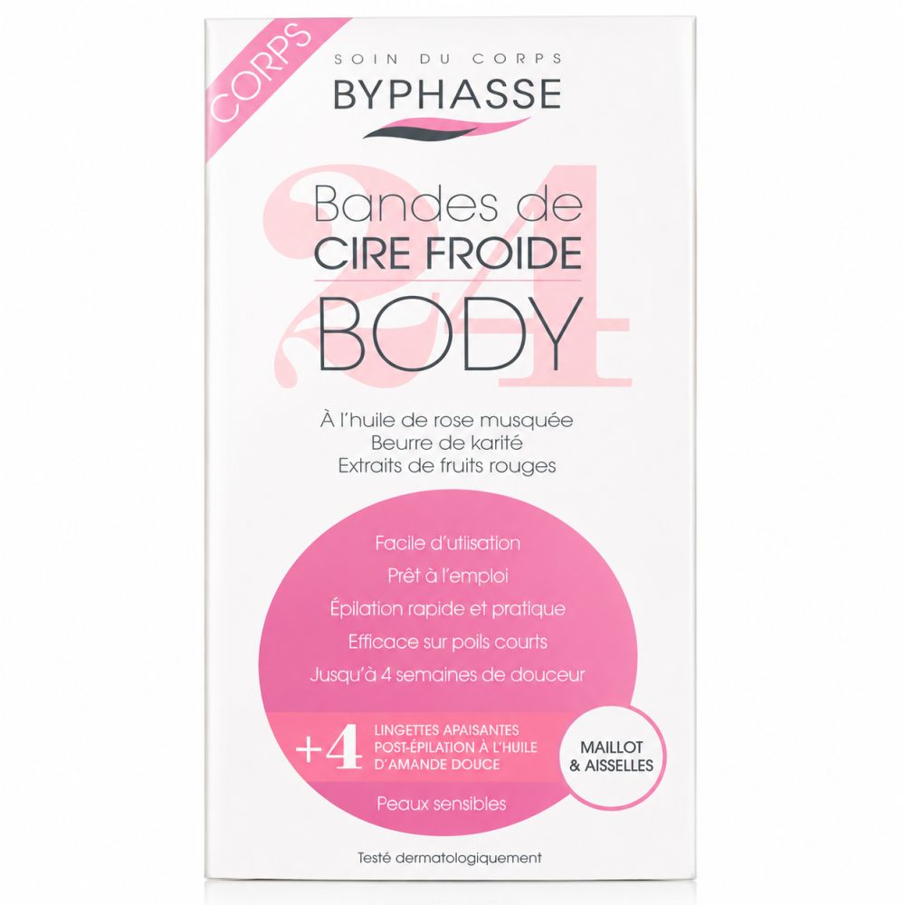 Byphasse Kaltwachsstreifen Body für Körper, Achseln und Bikinizone. Enthält 4 Pflegetücher.