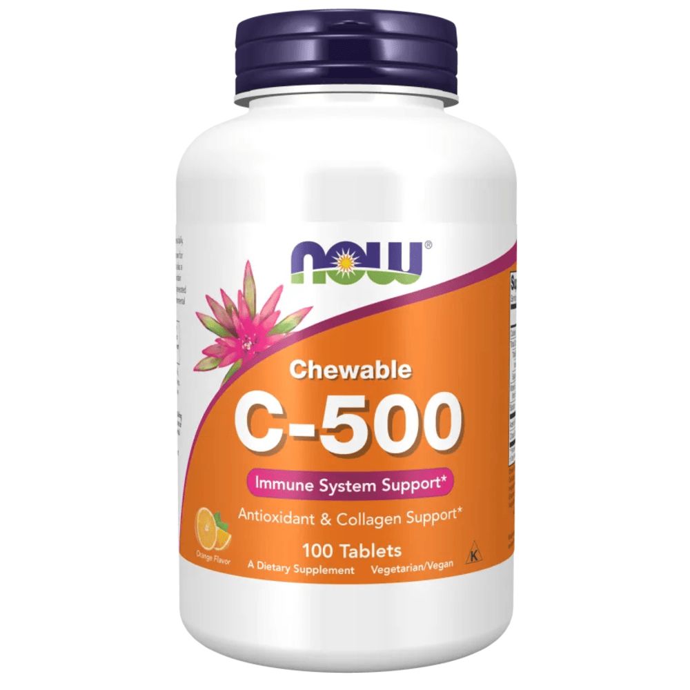 Weiße Flasche mit Vitamin C-500 Tabletten. Aufschrift: NOW, C-500, 100 Tabletten. Orangefarbenes Etikett mit floralem Design.