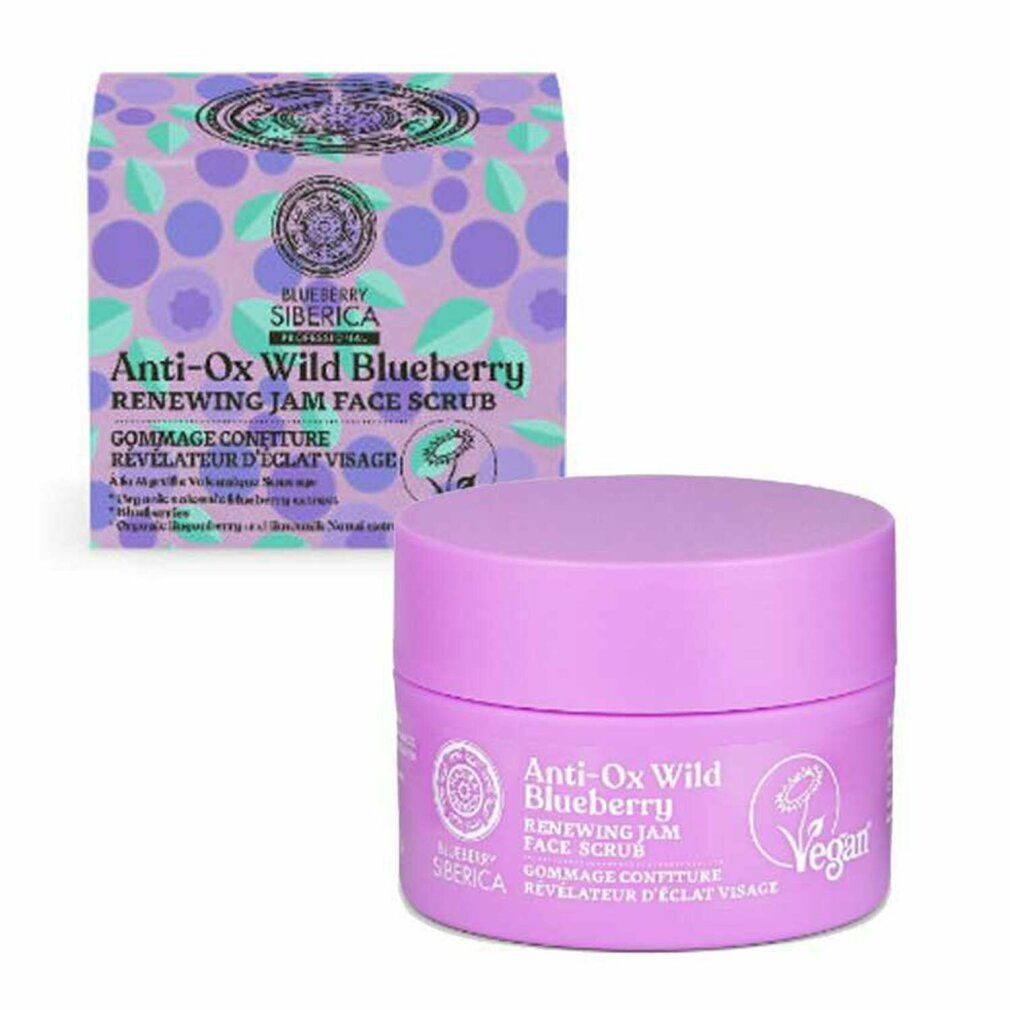 Lila Tiegel und Schachtel mit Produktnamen und Logo. Aufschrift: Anti-Ox Wild Blueberry Renewing Jam Face Scrub. Vegan-Siegel.