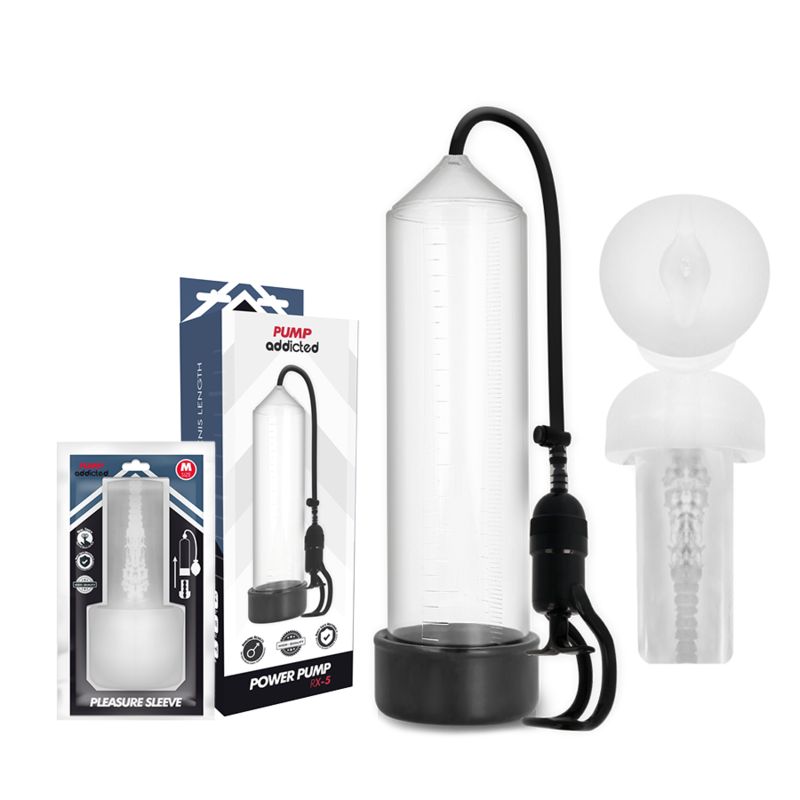 Penispumpe mit Verpackung und Zubehör. Transparente Pumpe, schwarzer Griff, transparente Hülse mit Rippenstruktur.