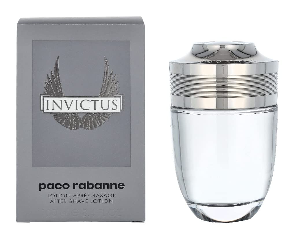 Graue Schachtel und Flakon. Flakon mit silbernem Deckel und klarer Flüssigkeit. "Invictus"-Logo auf der Schachtel.