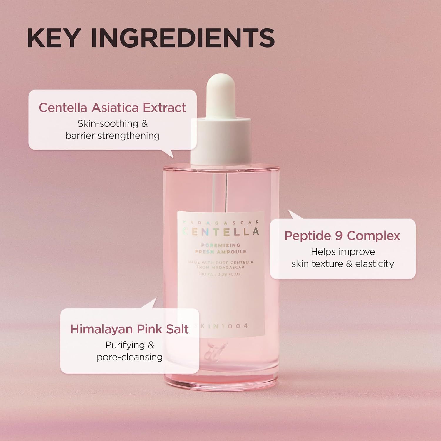 Serumflasche mit Text. Key Ingredients: Centella Asiatica Extract, Himalayan Pink Salt, Peptide 9 Complex. Rosa Flüssigkeit.