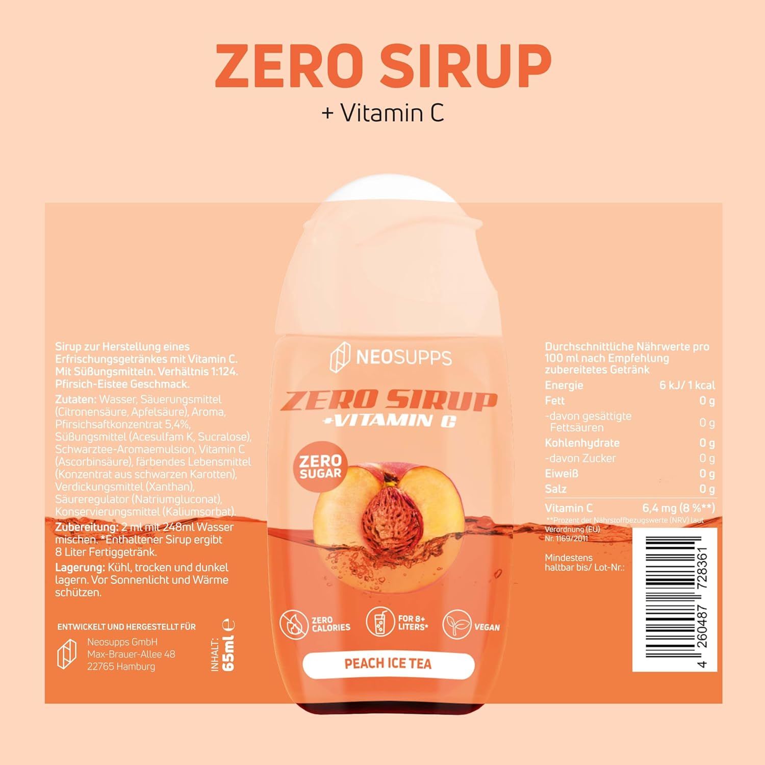 Flasche "Zero Sirup" mit Etikett. Text: "Zero Sirup + Vitamin C", "Peach Ice Tea", Nährwertangaben.