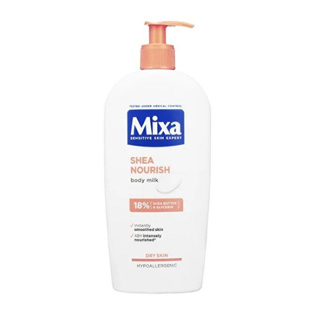 Weiße Flasche mit orangefarbenem Pumpkopf. Aufschrift: Mixa, Shea Nourish, Body Milk, 18% Shea Butter.