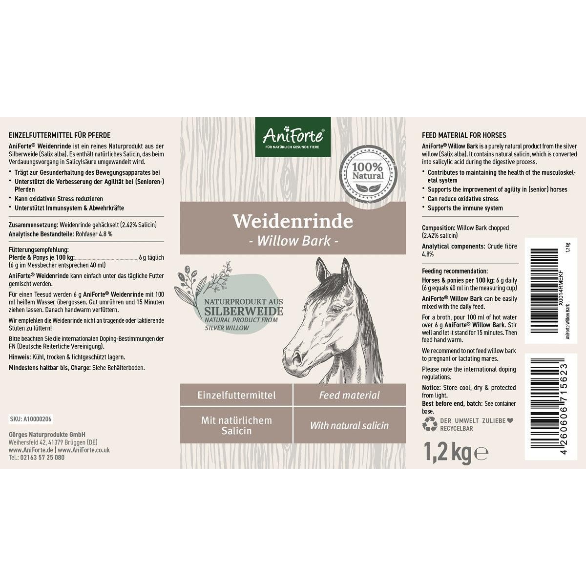 Etikett auf grauer Dose. Text: Weidenrinde - Willow Bark. Einzel-Futtermittel. Mit natürlichem Salicin. 1,2 kg. 100% natürlich.