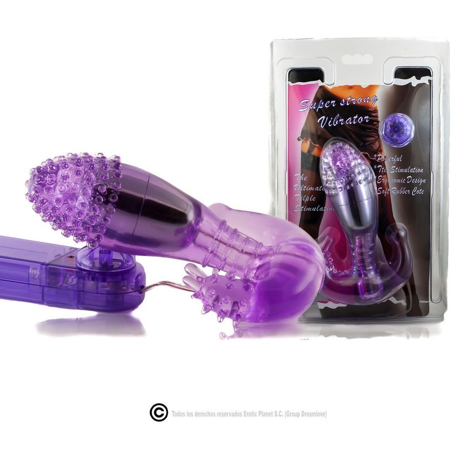 Lila Vibrator in Verpackung. Verpackung mit Produktabbildung und Text.