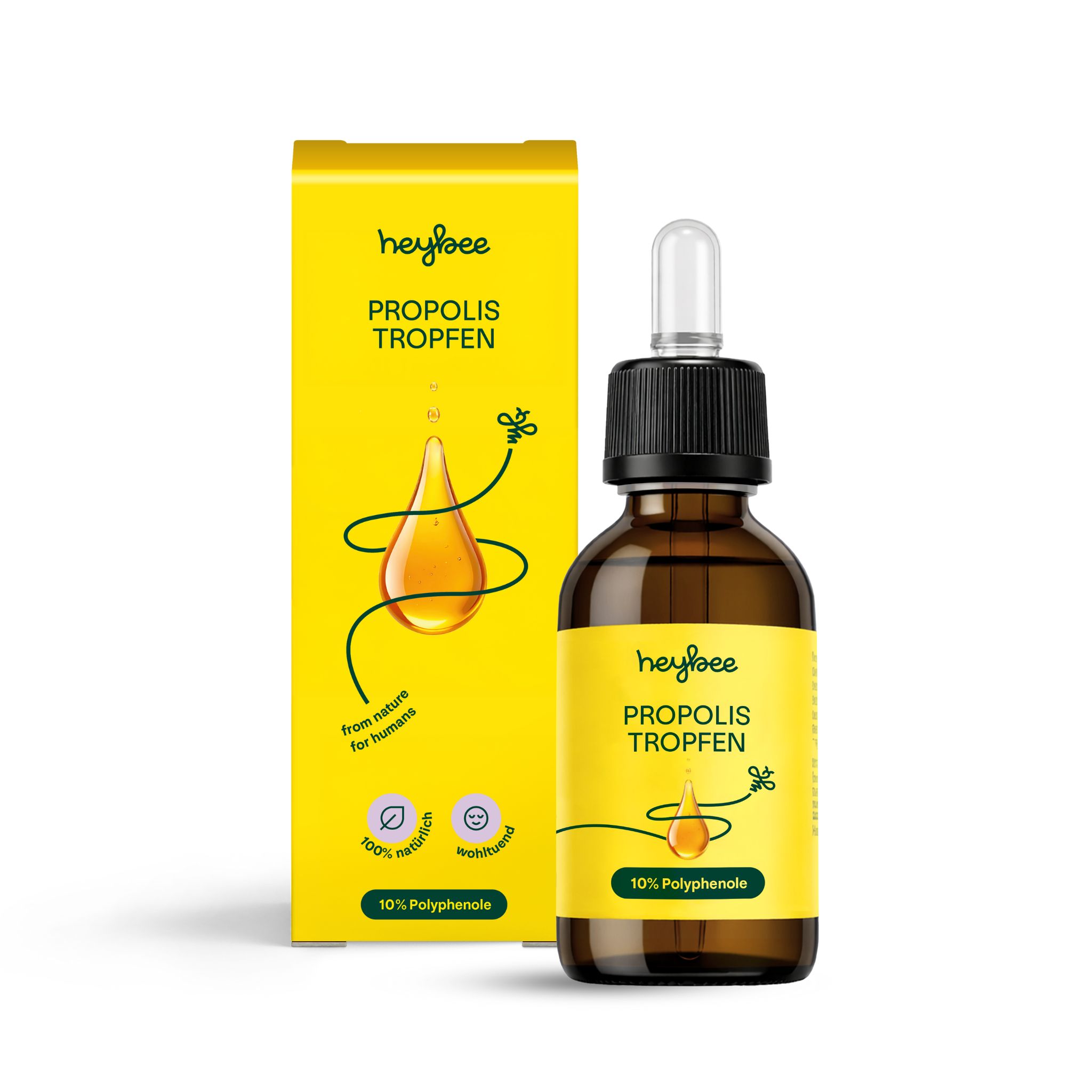 Braune Flasche und gelbe Verpackung. Aufschrift: Heybee Propolis Tropfen. 10% Polyphenole.