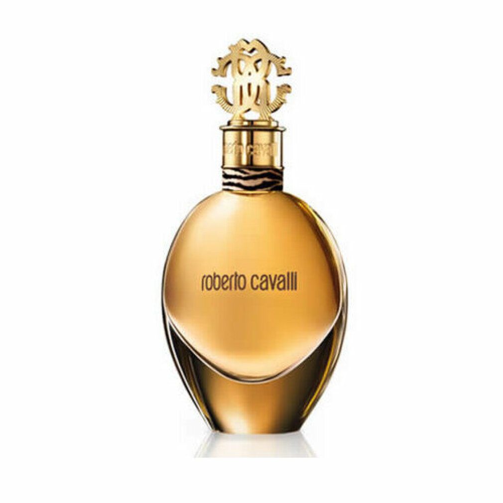 Goldfarbener Roberto Cavalli Eau de Parfum Spray-Flakon mit goldenem Verschluss und Markenlogo.