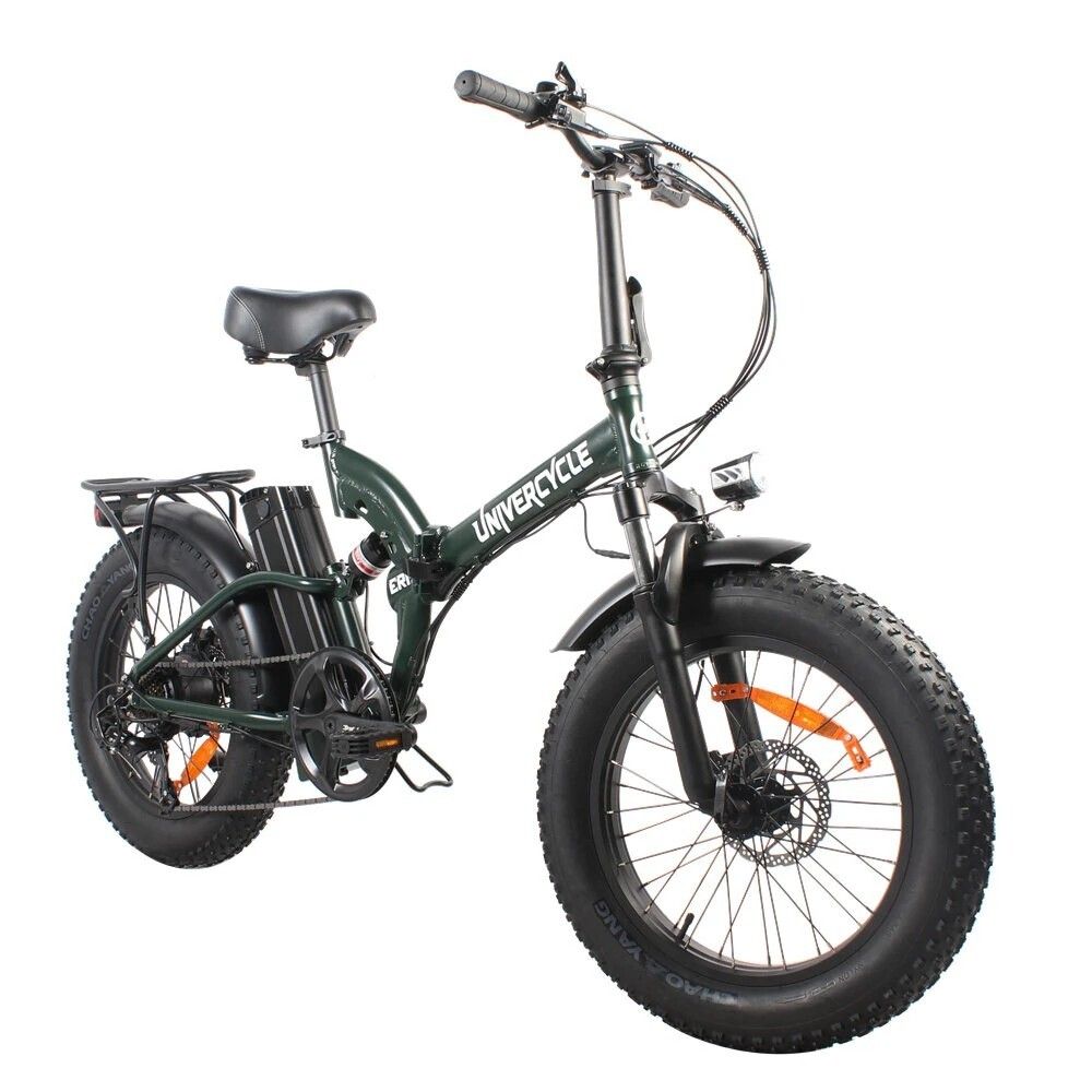 Grünes E-Bike mit breiten Reifen, Gepäckträger und Akku. Marke Univercycle.