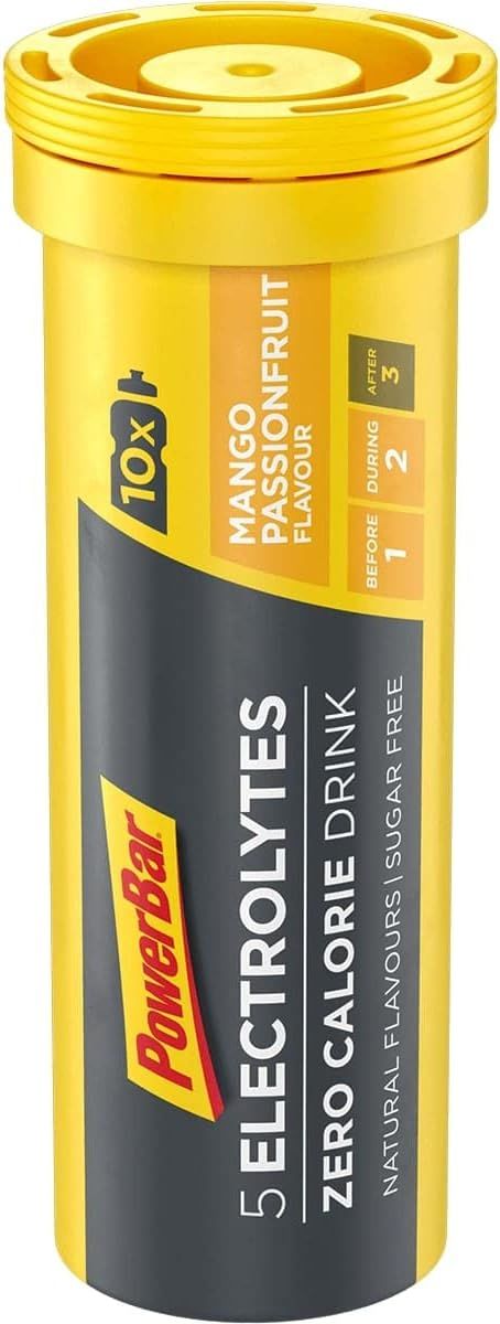 Gelber zylindrischer Behälter mit Powerbar 5 Electrolytes. Aufdruck: Mango-Passionsfrucht, 5 Electrolytes, Zero Calorie Drink. 10 Tabletten.
