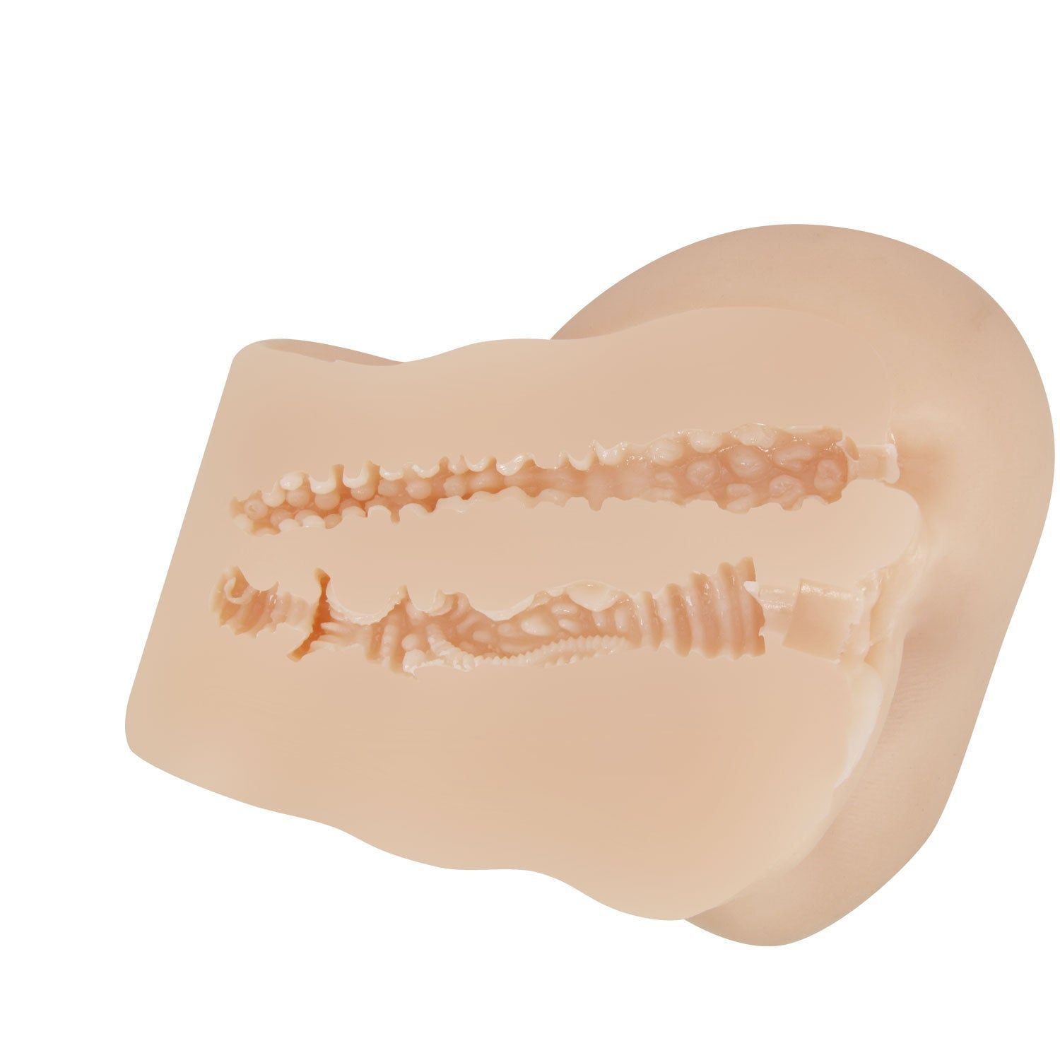 Realistischer Vagina- und Anus-Vibrator. Hautfarbenes Produkt. Innenansicht mit Textur.