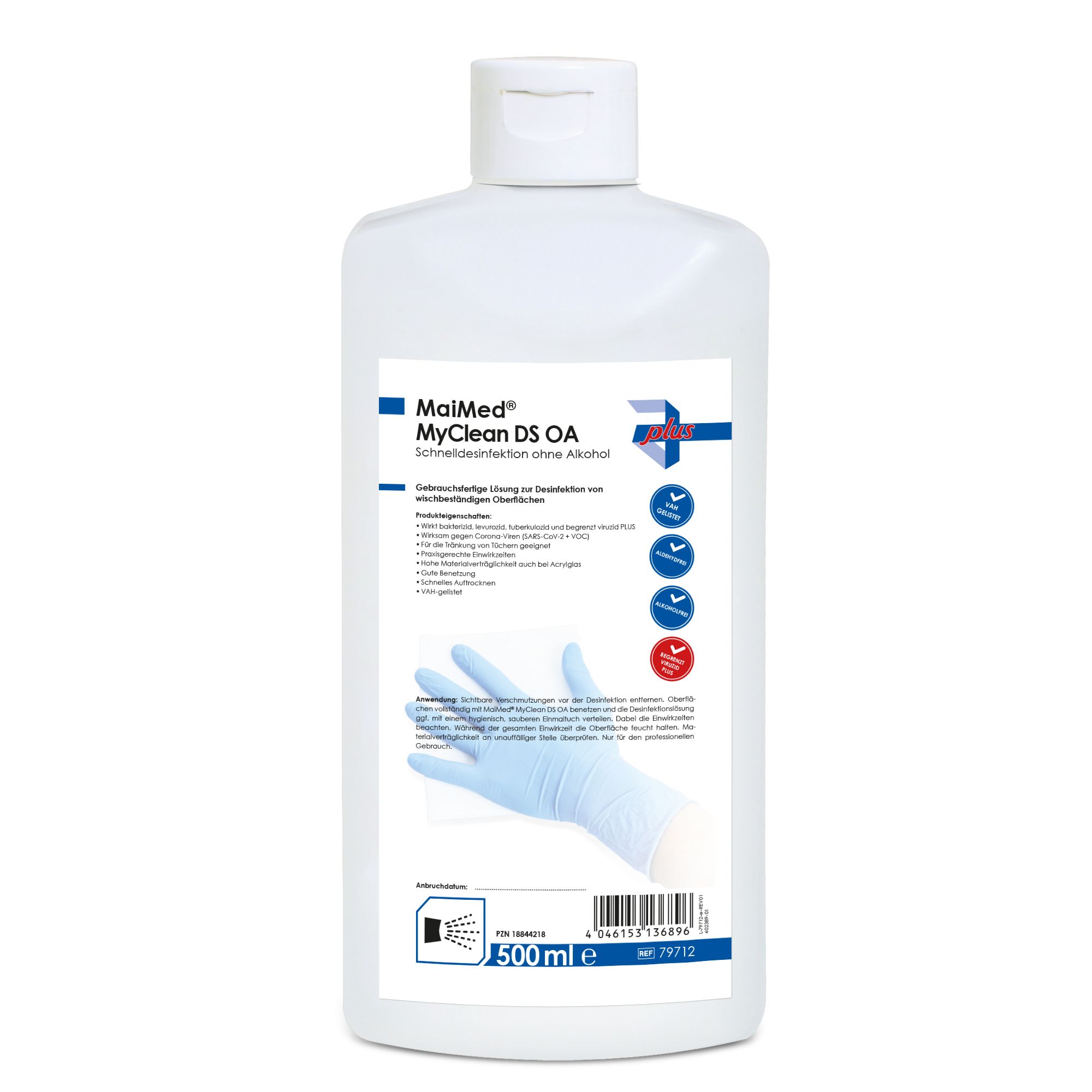Weiße Flasche mit Klappverschluss. Etikett mit Produktnamen MaiMed MyClean DS OA. Hand in blauem Handschuh. 500 ml.