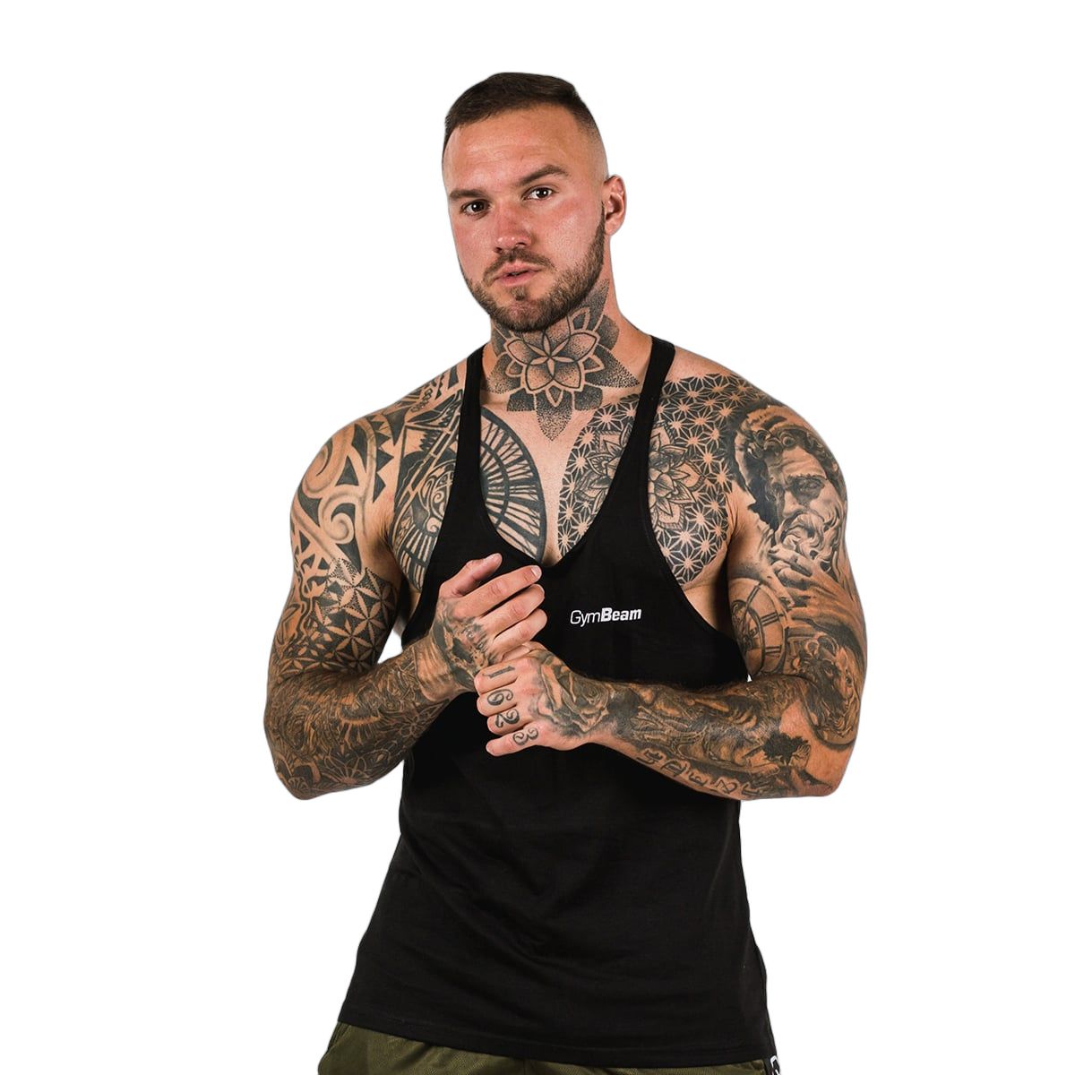 Schwarzes Stringer Tank Top für Männer, Regular Fit, aus Baumwolle und Polyester.
