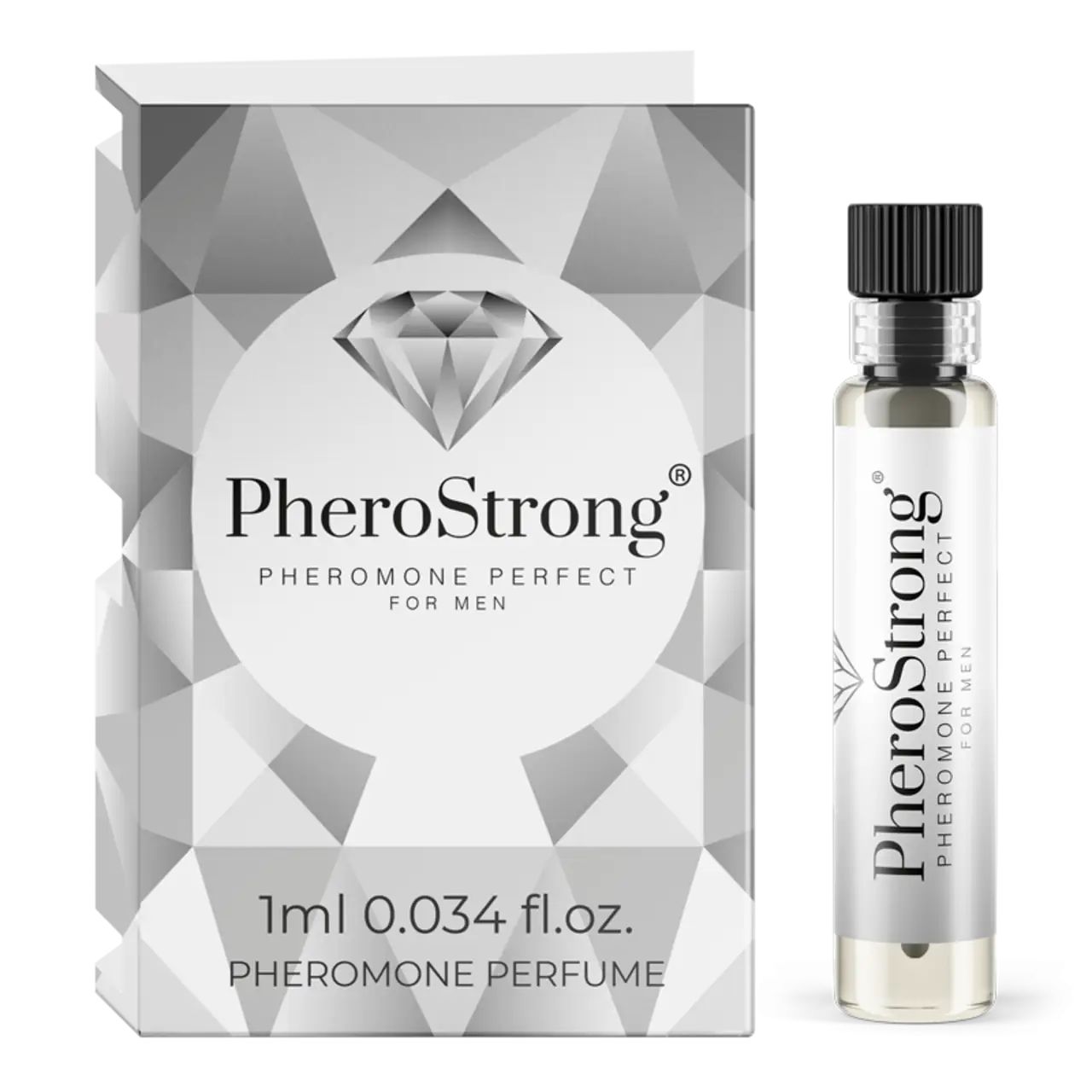 Karton und Flakon mit Produktaufdruck. Flakon mit schwarzem Verschluss. Aufdruck: PheroStrong, Pheromone Perfect für Männer.