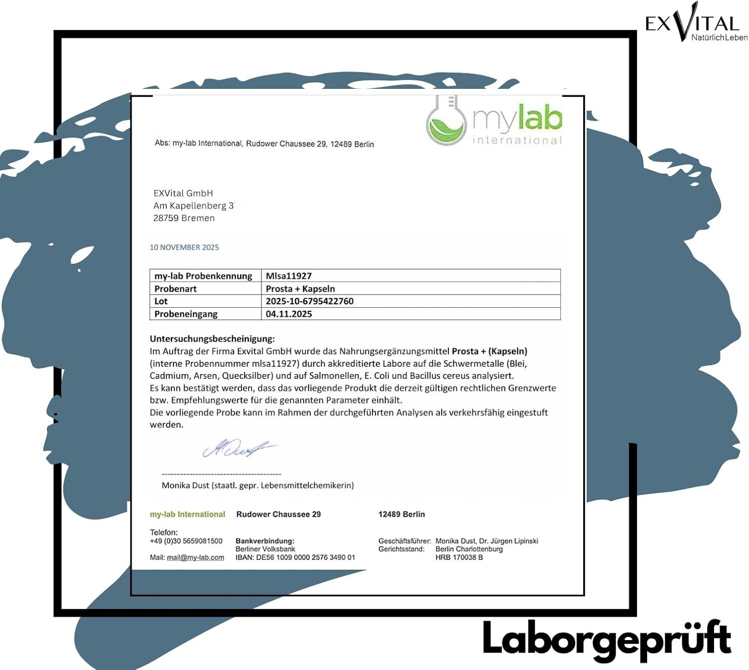 Laborbericht von myLab International. Prosta+ Kapseln. Unterschrift. Logo. Adresse.