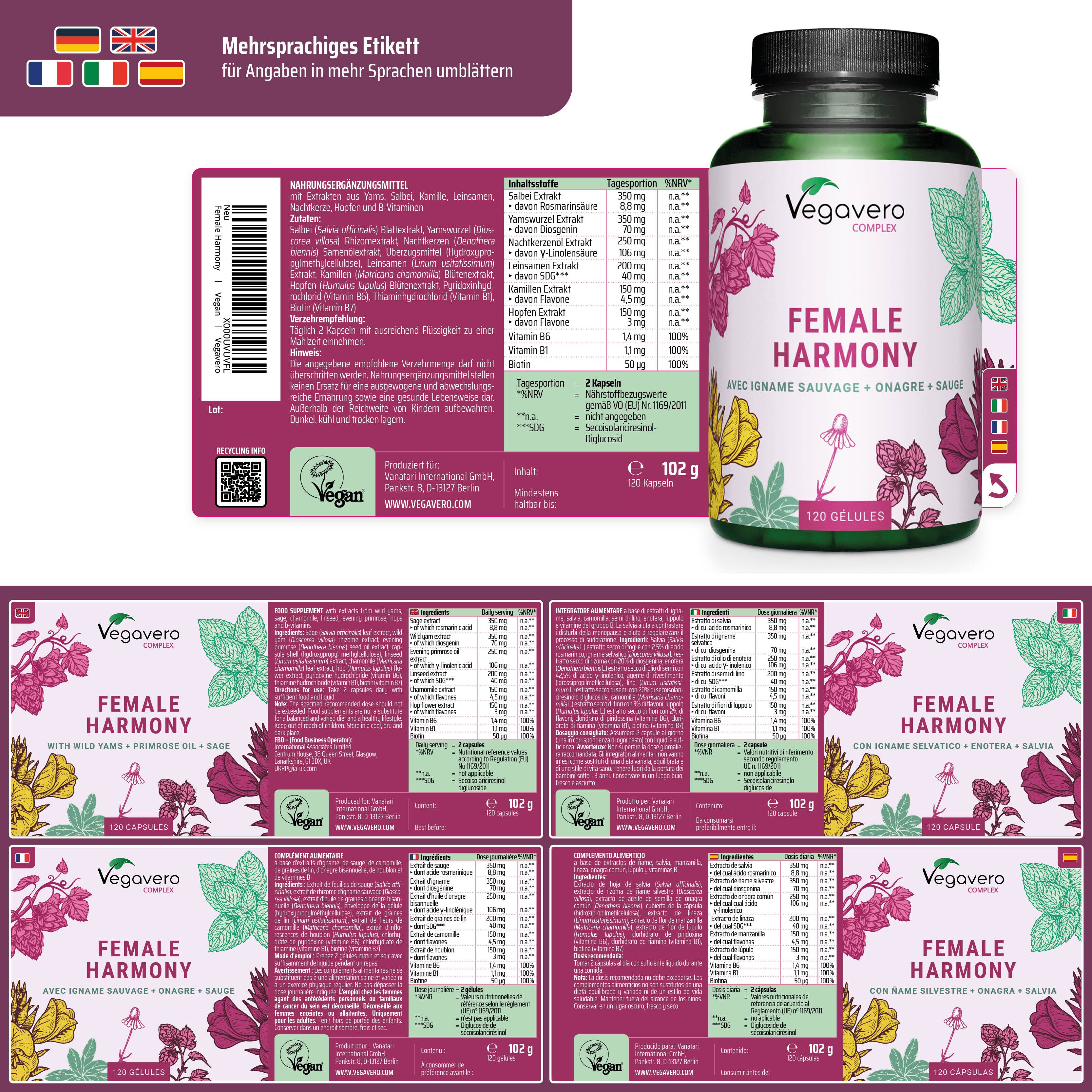 Mehrsprachiges Etikett mit Informationen. Flasche mit FEMALE HARMONY. Vegavaro. Vegan. 102g. Mehrere Etiketten mit Inhaltsstoffen.