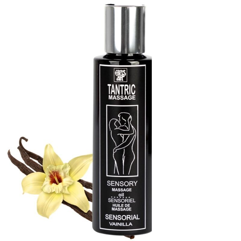 Schwarze Flasche Sensorial Massageöl, silberner Deckel, Etikett mit Paar, daneben Vanilleschoten und Blüte.