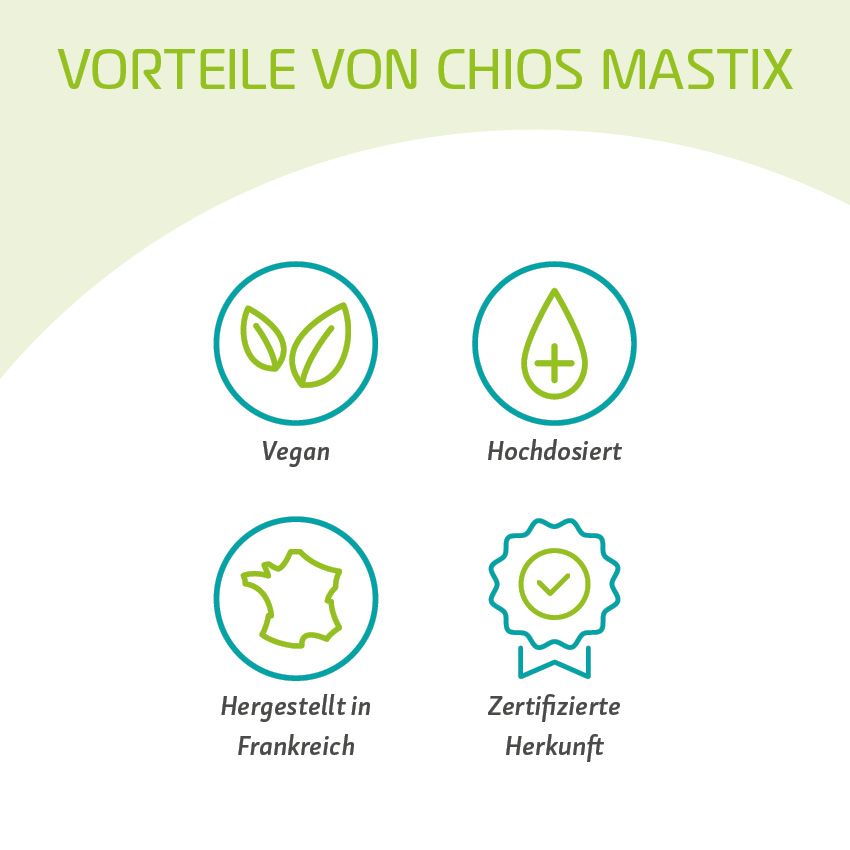 Vier grüne Kreise mit Icons und Text: Vegan, Hochdosiert, Hergestellt in Frankreich, Zertifizierte Herkunft.
