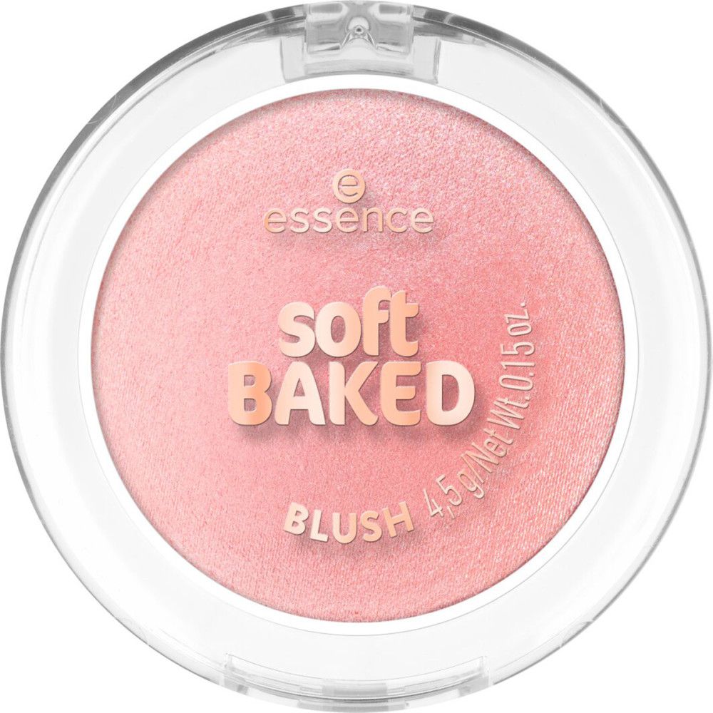 Runder, rosafarbener Rouge-Puder in transparenter Dose. Aufschrift: Essence, Soft Baked Blush.