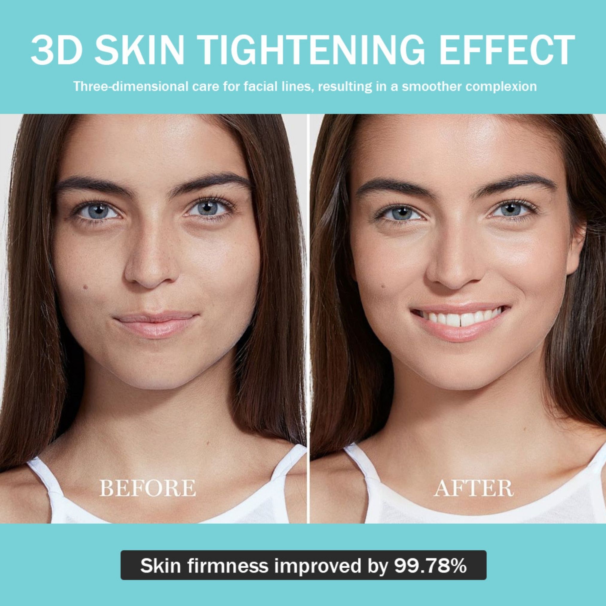 Vorher-Nachher-Vergleich von Gesichtern. Text: 3D Skin Tightening Effect. Verbesserung der Hautfestigkeit um 99,78%.
