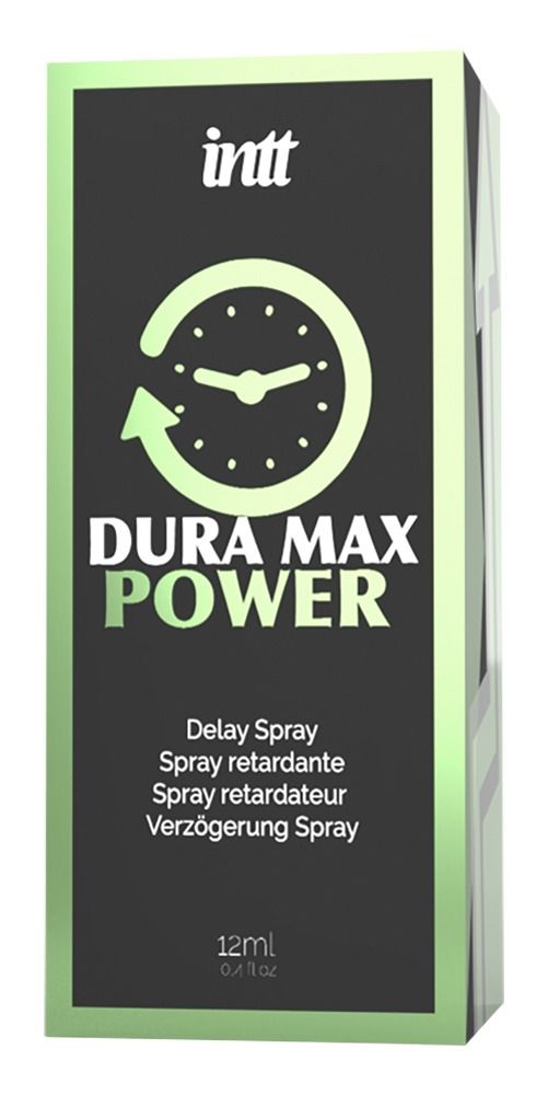 Grüne Verpackung mit "Dura Max Power"-Logo und Uhr-Symbol. Produktname und "Delay Spray" in Grün auf schwarzem Grund.