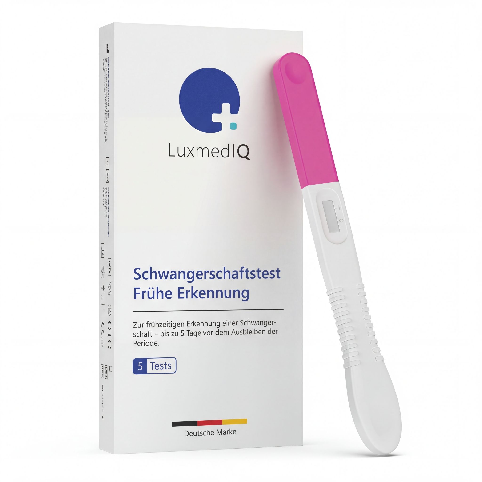 Verpackung mit Schwangerschaftstest. Text: LuxmedIQ, Schwangerschaftstest, Frühe Erkennung, 5 Tests, Deutsche Marke. Test daneben.